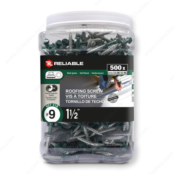 Reliable RSZ9112DGJ Roofing Screw with Washer, #9-15 Thread, 1-1/2 in, 500/PK, Dark Green