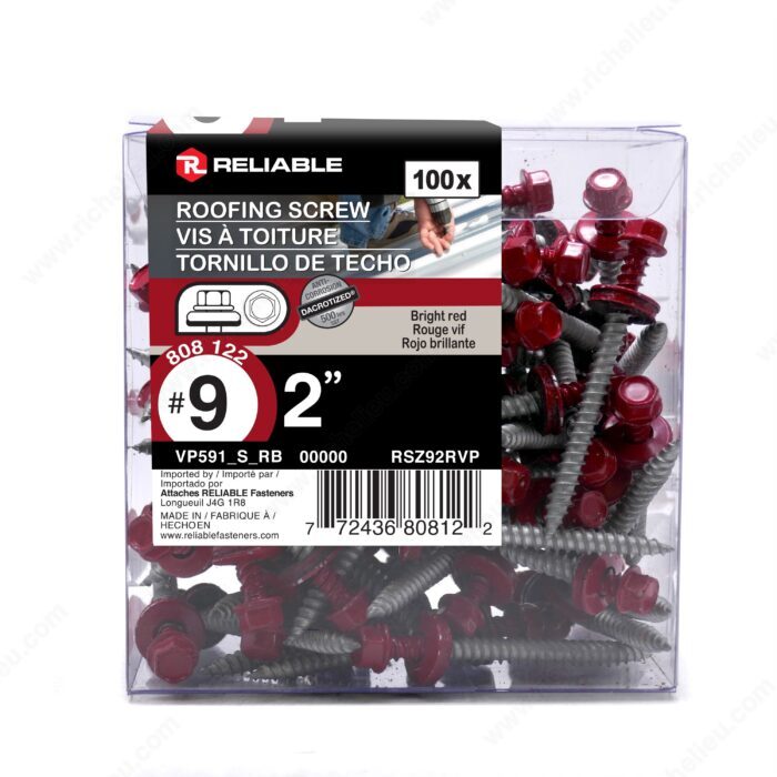 Reliable RSZ92RVP Roofing Screw, #9-15 Thread, 2 in, Red, 100 BX