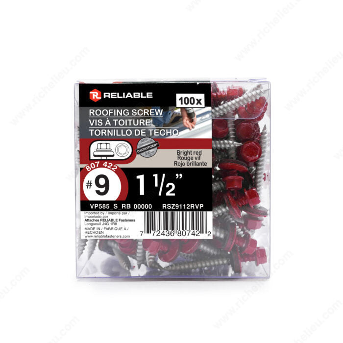 Reliable Roofing RSZ9112RVP Screw, 1-1/2 in, Bright Red