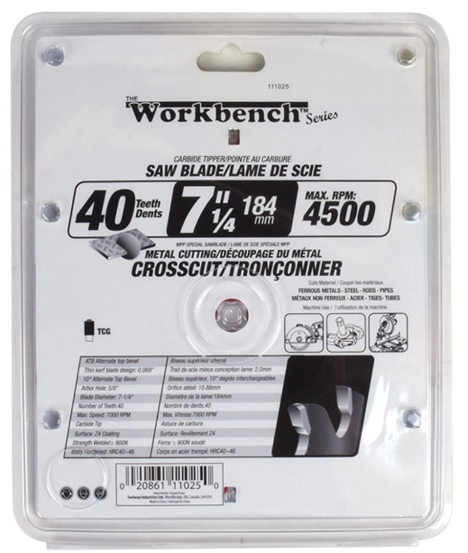 Toolway WorkBench Carbide Tipped Saw Blade, Metal/Alum 7 1/4 40T