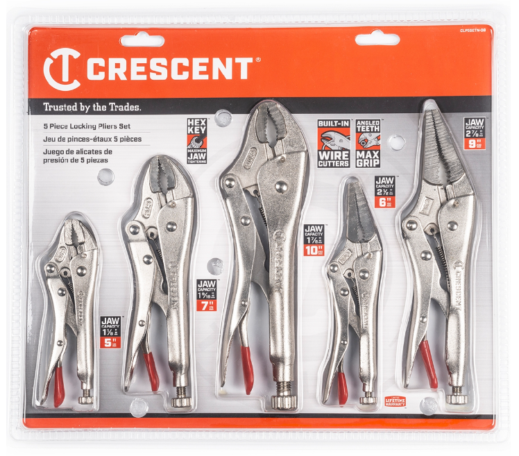 Crescent 5PC Curved and Long Nose Locking Pliers Set
