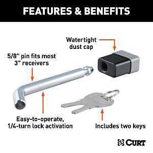 Curt 23021 Trailer Hitch Lock, 5/8 in Dia Pin, 6-3/4 in OAL, Carbon Steel, Chrome-Plated