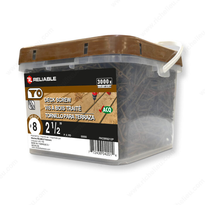 Reliable FKCBR Series FKCBR8212P Deck Screw, #8-10 Thread, 2-1/2 in L, Coarse, Partial Thread, Bugle, Steel, 3000/BX