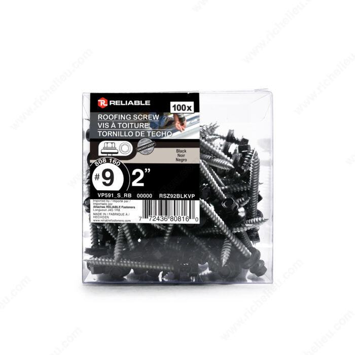 Reliable Roofing RSZ92BLKVP Screw, #9-15 Thread, 2 in, Black, 100 BX