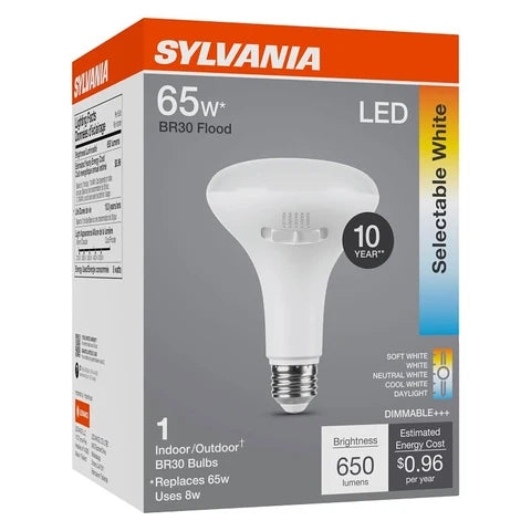 Sylvania 42575 LED Bulb, 5CCT Selectable, BR30 Lamp, 65 W Equivalent, E26 Medium Lamp Base, Dimmable, White