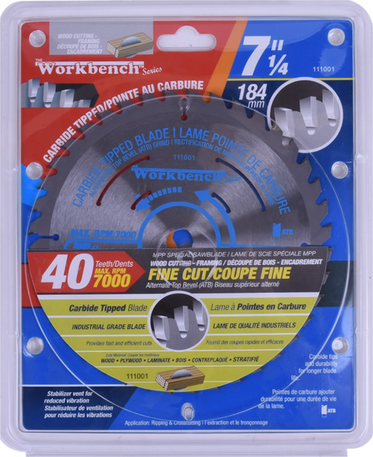 Toolway WorkBench Carbide Tipped Saw Blade, fine cut, 7 1/4 40T
