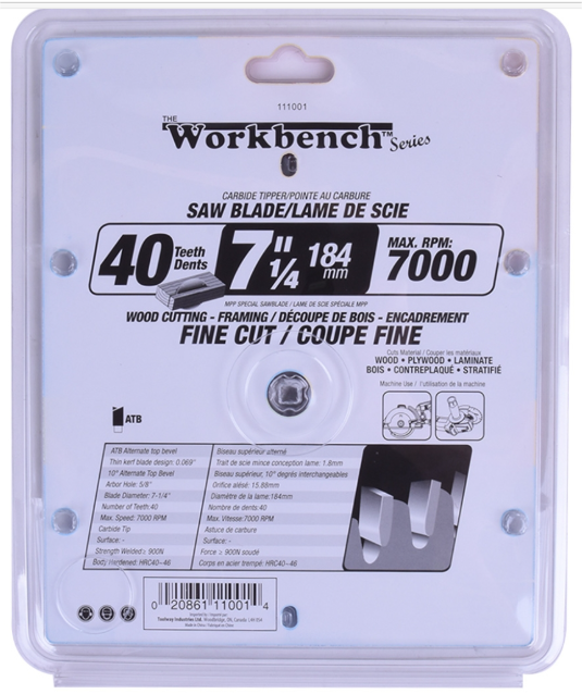 Toolway WorkBench Carbide Tipped Saw Blade, fine cut, 7 1/4 40T
