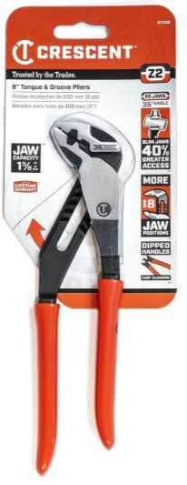 Crescent 8" Z2 K9™ Straight Jaw Dipped Handle Tongue and Groove Pliers