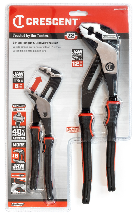 Crescent 2PC Tongue And Groove Pliers Z2 (TM) K9 (TM) Straight Jaw Dual Material Set