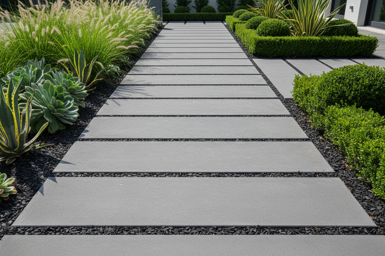 modern Patio stone walkway with mulch and plants