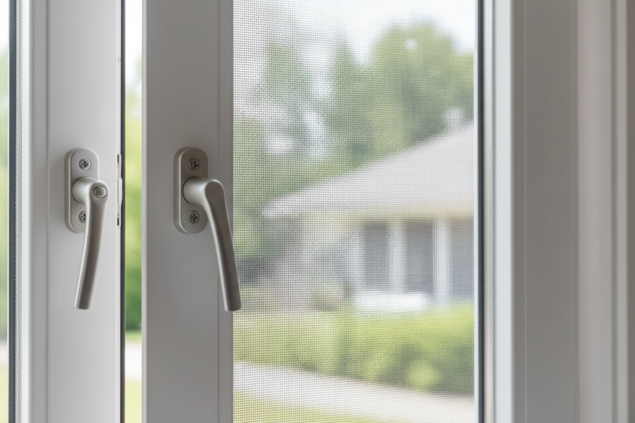 modern white casement window with screen close up
