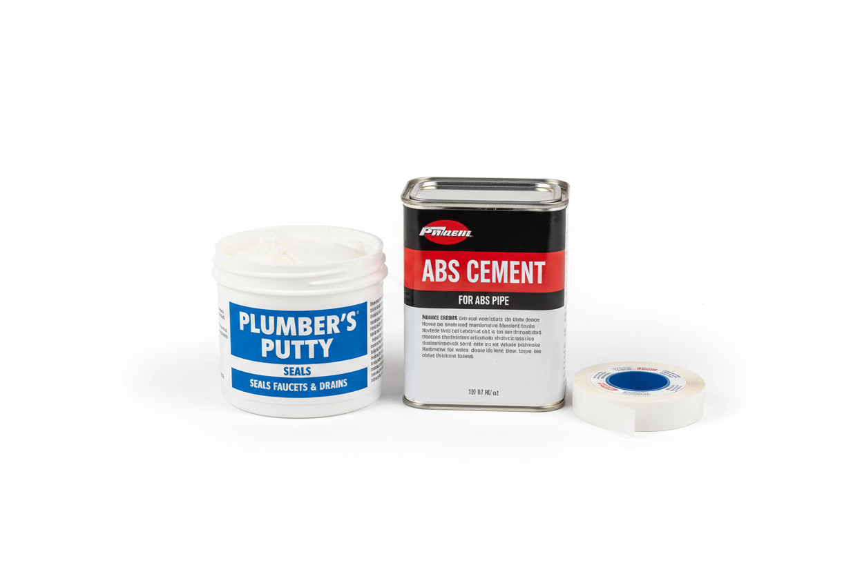 Plumbing - Plumbing Putty, abs cement and teflon tape close up