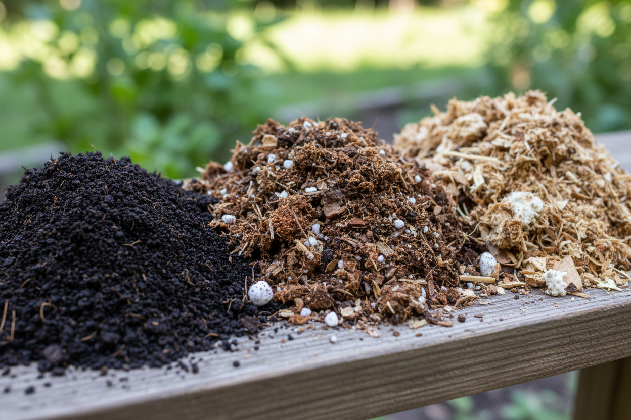 Soil (Topsoil, Triple Mix, Mushroom Compost) close up (no text)