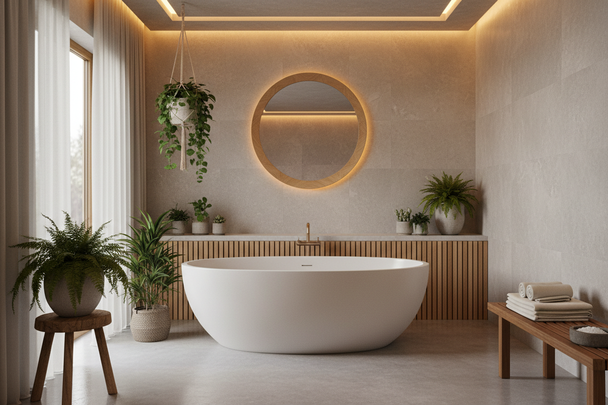 Spa-like bathroom with freestanding tub, soft lighting, and greenery.
