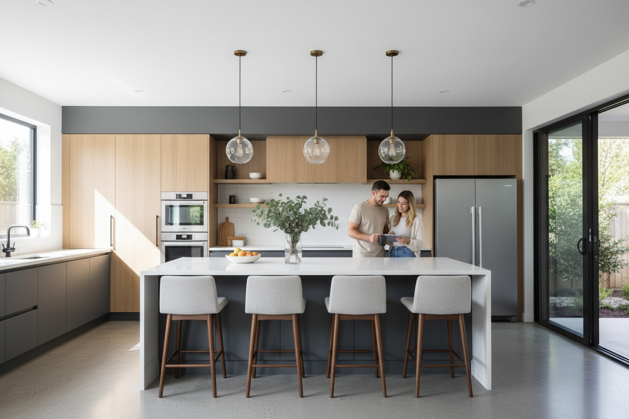 Wide lifestyle shot of a modern kitchen with island, pendant lights, and cabinetry.